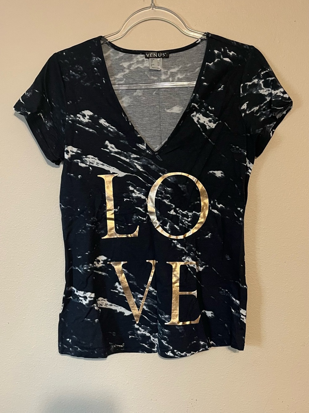 VENUS Black Marble V-Neck Tee with Metallic Gold LOVE